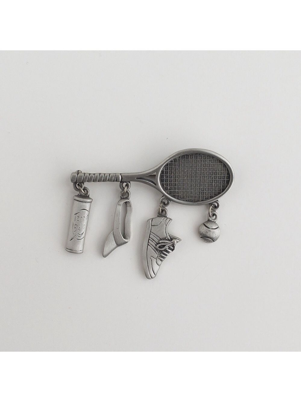 JJ Jonette Pewter Tennis Racket Tennis Ball Dangling Charms Pin Vintage Brooch